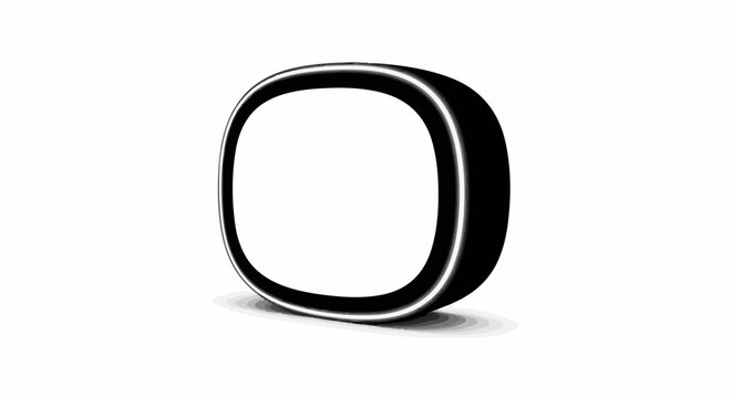 A large, black, shiny, 3D letter "O" on a white background