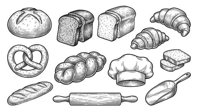 Hand drawn bakery set with bread, croissant and baking tools