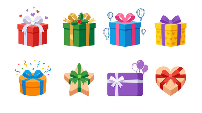 Set of colorful wrapped gift boxes in different shapes