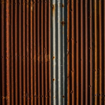 Weathered metal sheets arranged side by side in parallel formation, featuring rich rusty textures, deep oxidized colors, and grunge details, rustic, decay, wall