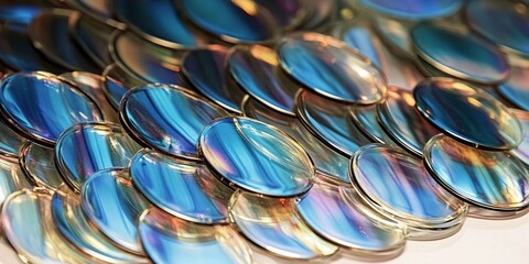 Fototapeta premium Close-Up of Smooth Iridescent Lenses with Vivid Color Patterns Reflecting Light in Circular Discs