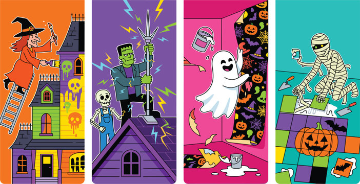 Halloween Monster Home Renovation Panel Set with Witch Painting Haunted House Frankenstein Lightning Rod Ghost Wallpaper Mummy Tiling Vector Illustration