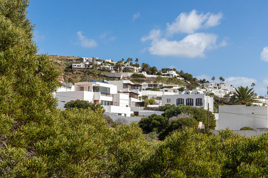 Traditional whitewashed houses in the village of Nazaret near Teguise in the Canary Island of Lanzarote, Spain