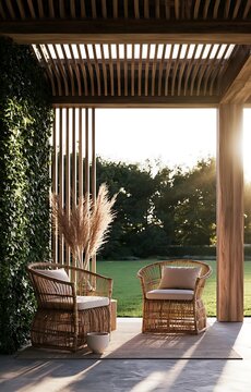 Modern outdoor patio with rattan chairs and lush greenery at sunset.