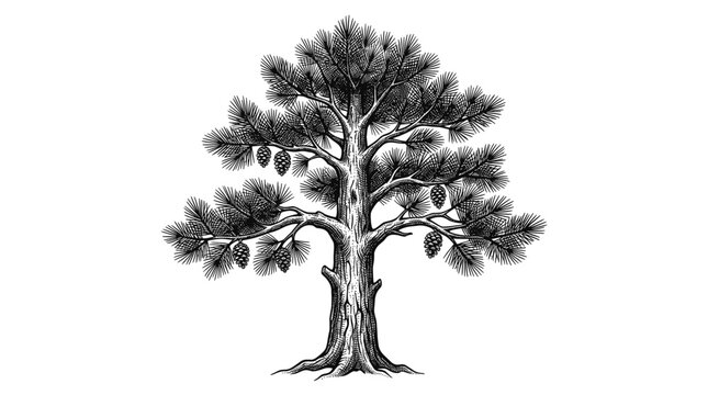 Pine Tree Vintage Botanical Ink Engraving Illustration