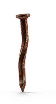 A single rusty, bent nail stands alone against a stark white background, symbolizing error, failure, or a difficult path, macro, challenge, iron
