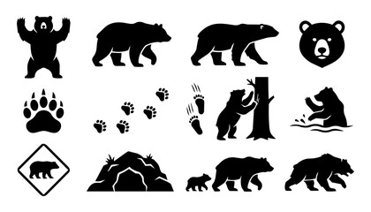 Bear Species and Wildlife Awareness Silhouette Icon Set – Grizzly, Black Bear, Polar Bear and Wilderness Safety Symbols © Mediasegment