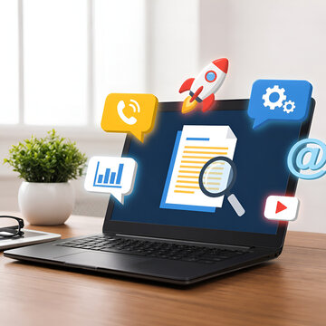 Laptop with digital marketing icons floating above screen on desk