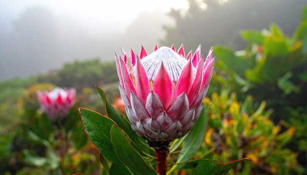 Vibrant pink Protea bloom in soft misty garden setting.