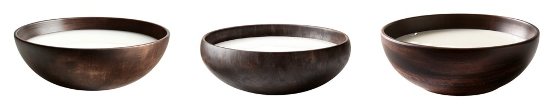Three wooden bowls filled with milk isolated on transparent background for healthy eating and dairy product concepts