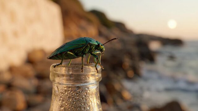 A Vibrant Green Insect Perched on a Glass Bottle at Sunset, Overlooking the Tranquil Waves of the Ocean with a Beautiful Natural Background