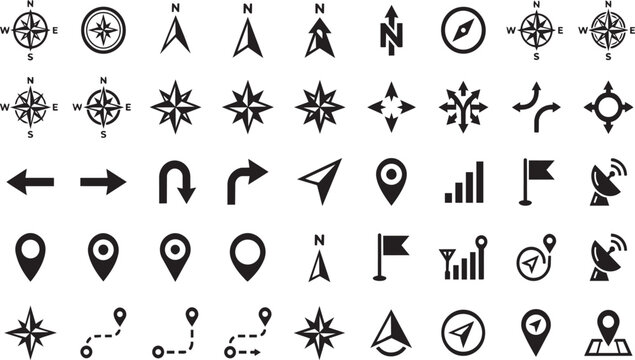Collection of black navigation icons featuring compass roses directional arrows map pins and various location markers on transparent background