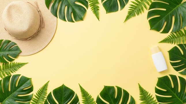 Composizione estiva dall'alto con cappello di paglia, crema solare e foglie tropicali su sfondo giallo pastello. Generative AI