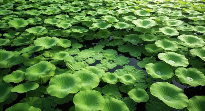 Lush green lotus leaves covering a still pond creating a dense, calming natural background texture, symbolizing purity and quiet peace, plant, natural, vibrant
