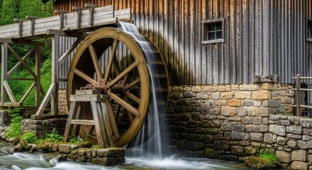 Fototapeta premium Rustic wooden water mill structure nestled beside a fast-flowing river, showcasing the large turning wheel powered by moving water, historical, environment, heritage