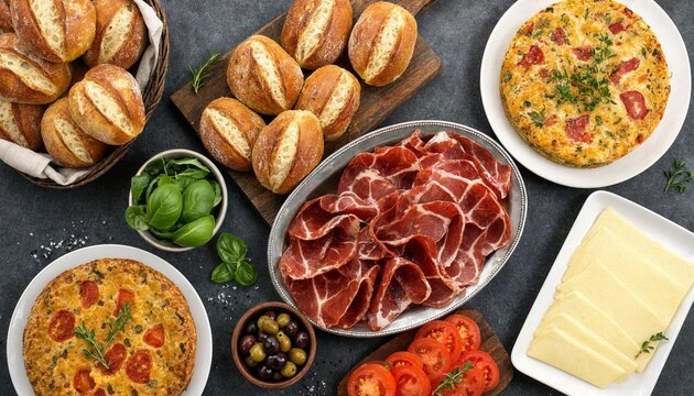 Rustic Breakfast or Brunch Spread with Frittata, Bread, Cured Meat, Cheese and Vegetables on Dark Slate Background - Top View Flat Lay