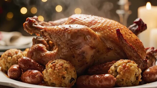 Roasted whole turkey served with stuffing and sausages