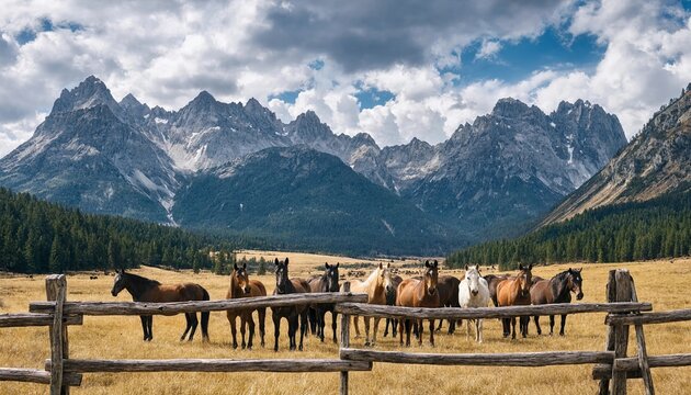 Herd of Horses Behind Wooden Fence with Majestic Mountain Range Background - Rural Landscape Concept