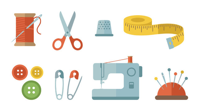 Vector sewing tools set with machine scissors buttons and pins