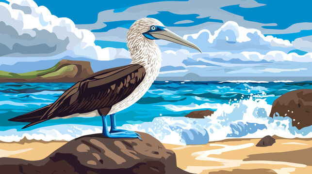 Brown and white bird perched on a black rock overlooking a crashing turquoise ocean wave under a sky filled with fluffy white clouds and distant green hills