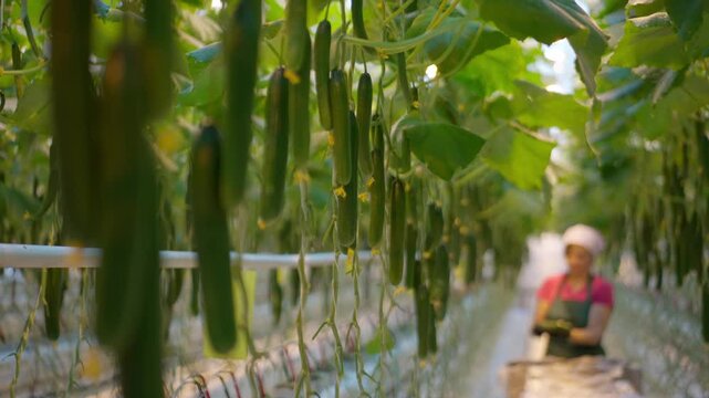 Agro-food production of farm greenhouse cucumbers vegetables. Farmer worker picking and packing cucumbers in boxes. Factory industrial facility. Farming planting harvesting industry.