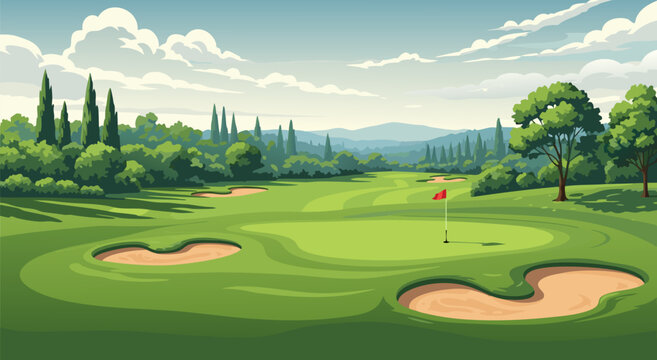 Serene Golf Course Landscape Vector Illustration Design for Sports Club Backgrounds and Professional Outdoor Recreation Graphic Projects
