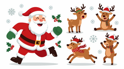 Fototapeta premium Flat Design Santa Claus Running with Reindeer, Snowflakes and Holly Berries, Festive Christmas Characters in Winter Scene