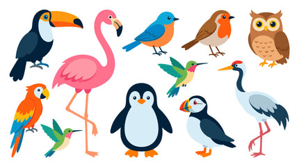 Obraz premium Colorful cartoon bird collection with tropical and wild species
