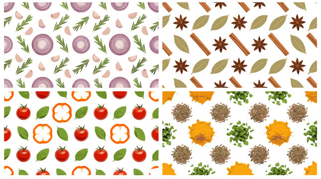 Set of seamless spice and vegetable patterns on white background