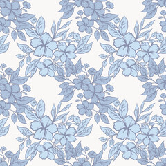 Fototapeta premium Elegant seamless floral pattern with blooming flowers and leaves in soft blue tones on a light background. Perfect for textiles, wallpaper, packaging, stationery, and decor