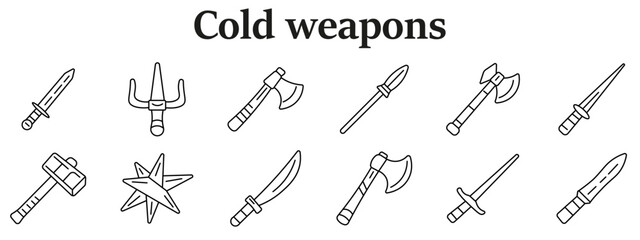 Naklejka premium Cold weapons set icon. Sword, trident, battle axe, spear, double axe, dagger, war hammer, shuriken star, curved blade, long sword variations line style