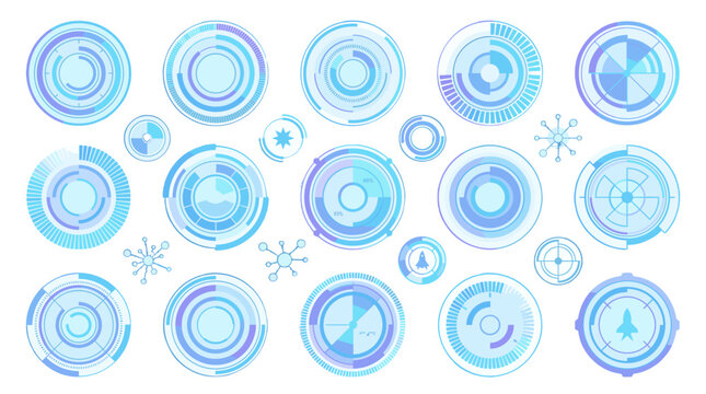 Set of futuristic circular interface elements in blue gradient