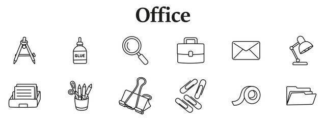 Fototapeta premium Office workspace set icon. Compass tool, glue bottle, magnifier, briefcase, envelope, desk lamp, document tray, scissors holder, binder clip, paper clips, tape, folder line style.
