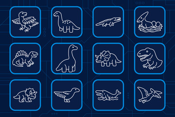 Dinosaur prehistoric set icon. Flying bird reptile, long neck dinosaur, crocodile creature, nest eggs, spiked reptile, horned triceratops, tyrannosaurus, ocean reptile, winged pterosaur © Кирилл Макаров