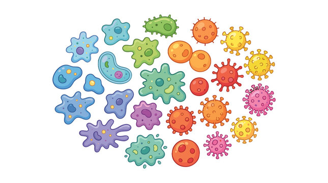 Colorful cartoon microbes and virus cells isolated on white