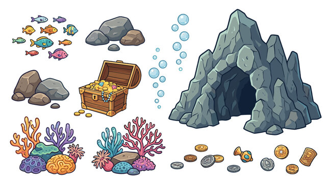 Cartoon underwater treasure cave with fish, coral, rocks and coins