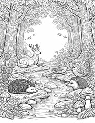 Obraz premium Serene Forest Scene with Deer, Fox, Hedgehog, Birds, and Mushrooms in Nature