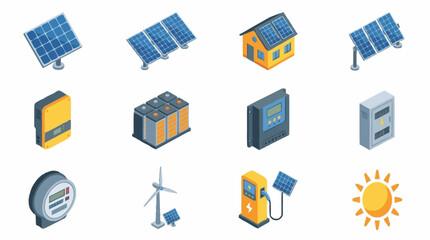 Collection of renewable energy technology icons and symbols. © Kiki