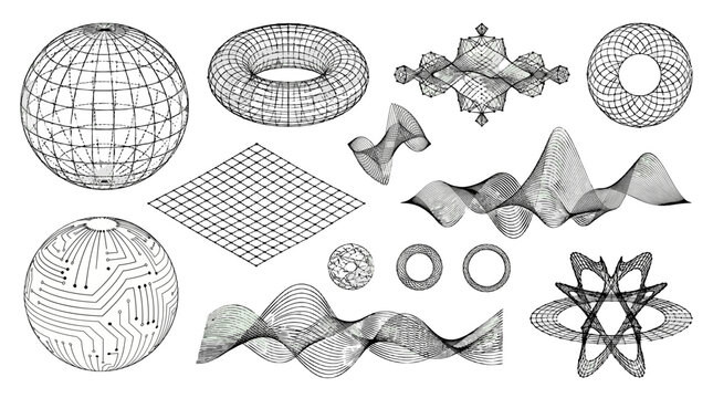 Abstract wireframe geometry set with spheres, torus, grid and waves