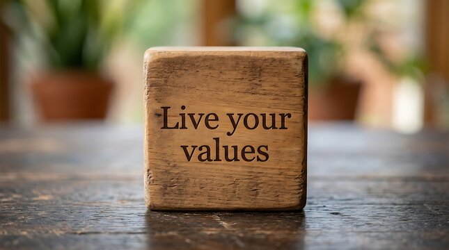 Conceptual phrase live your values engraved on a wooden block with lifestyle philosophy motivation inspiration integrity