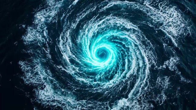 Aerial view of a powerful ocean whirlpool with glowing blue light. Dangerous sea vortex, water spiral, and natural phenomenon concept.
