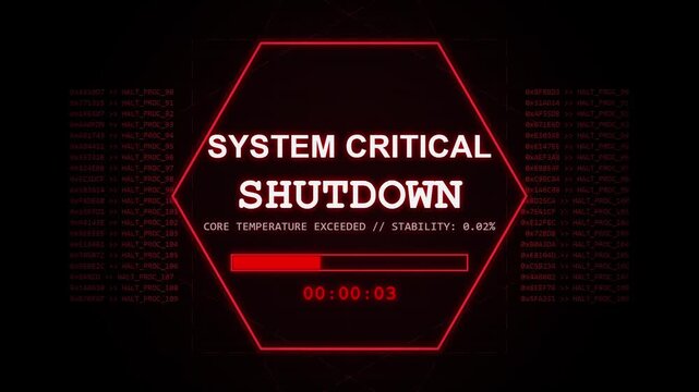 Digital System Critical Shutdown Warning Screen with Red Countdown Timer