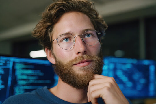 Thoughtful bearded developer with round glasses touching chin while looking at multiple code monitors in an office
