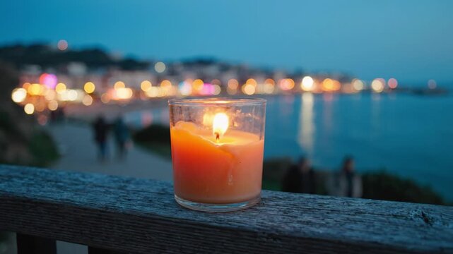 A serene evening scene featuring a glowing candle on a wooden railing with a vibrant waterfront background illuminated by colorful lights at dusk.