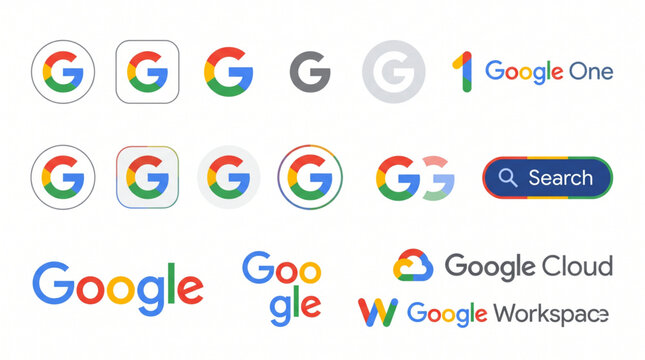 Collection of various Google brand logos and icons including the colorful G symbol, Google Search bar, Google One, Google Cloud, and Google Workspace for digital corporate branding identity design.