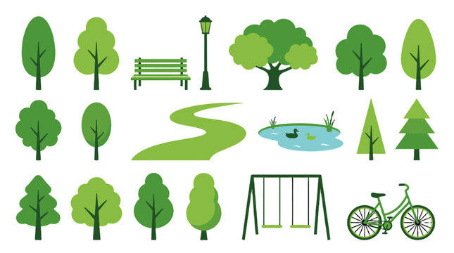 Flat vector set of park elements with trees, bench and bicycle