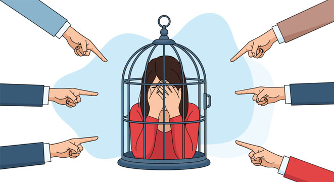 Distressed woman hiding her face inside a cage while multiple fingers point at her to symbolize social stigma or guilt.