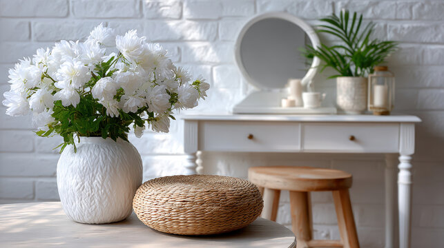 White antique vanity with round mirror, woven stool and white flower vase for bright dressing table background and rustic feminine interior styling