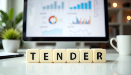 Fototapeta premium Procurement analytics workspace with TENDER blocks, financial charts and office plants for bid tracking, supplier evaluation and contract planning.