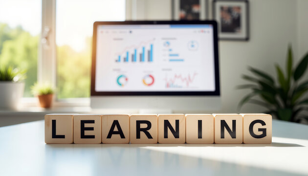 Wooden letter blocks spelling LEARNONG with computer monitor analytics in a bright home office for online education background and training banner design